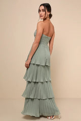 Seriously Sensational Sage Brush Strapless Tiered Maxi Dress