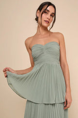 Seriously Sensational Sage Brush Strapless Tiered Maxi Dress